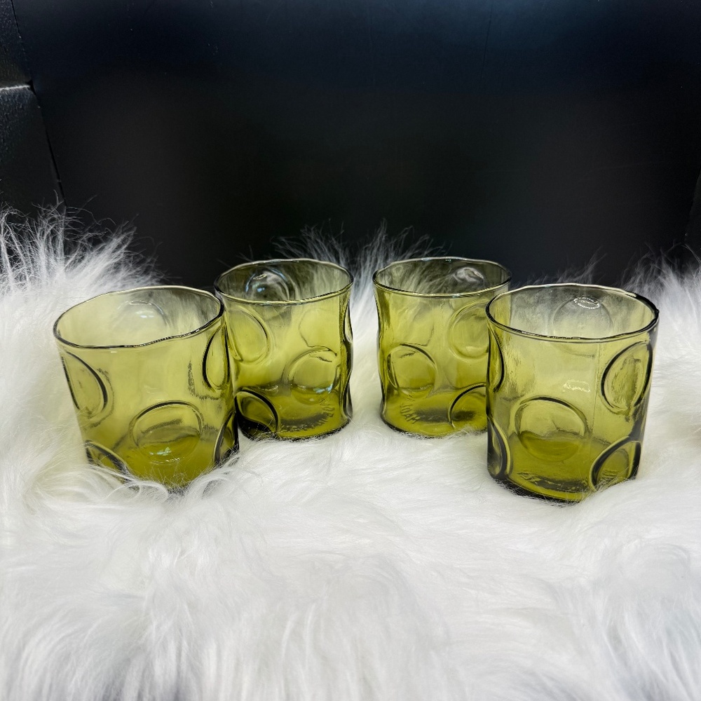 Vintage Avocado Green Empoli Dimpled Glasses. Set of 4 marked Made in Italy. EUC